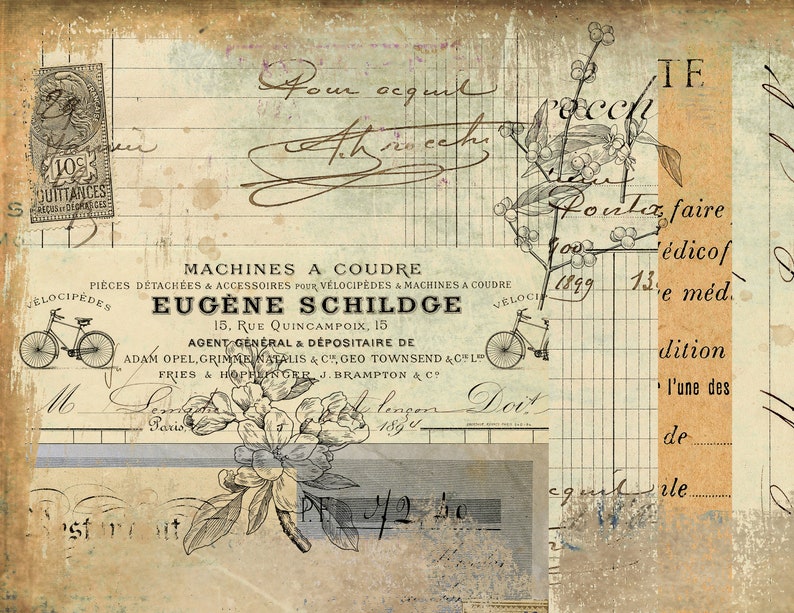 May include: Vintage advertisement for Eugene Schildge, a dealer of sewing machines and bicycle parts. The ad features a bicycle, a floral design, and the text "MACHINES A COUDRE" and "EUGENE SCHILDGE".