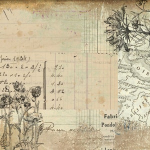 May include: A vintage-style image with a faded background and handwritten text. The image features a map with the word "NOIRE" and a floral illustration. The text includes the words "Fabrique Pondol" and "boudres naturel".