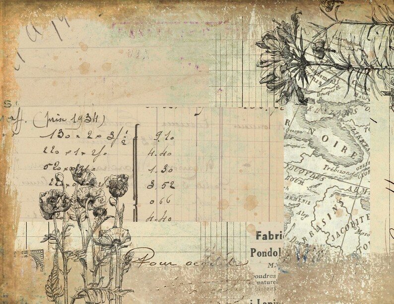 May include: A vintage-style image with a faded background and handwritten text. The image features a map with the word "NOIRE" and a floral illustration. The text includes the words "Fabrique Pondol" and "boudres naturel".