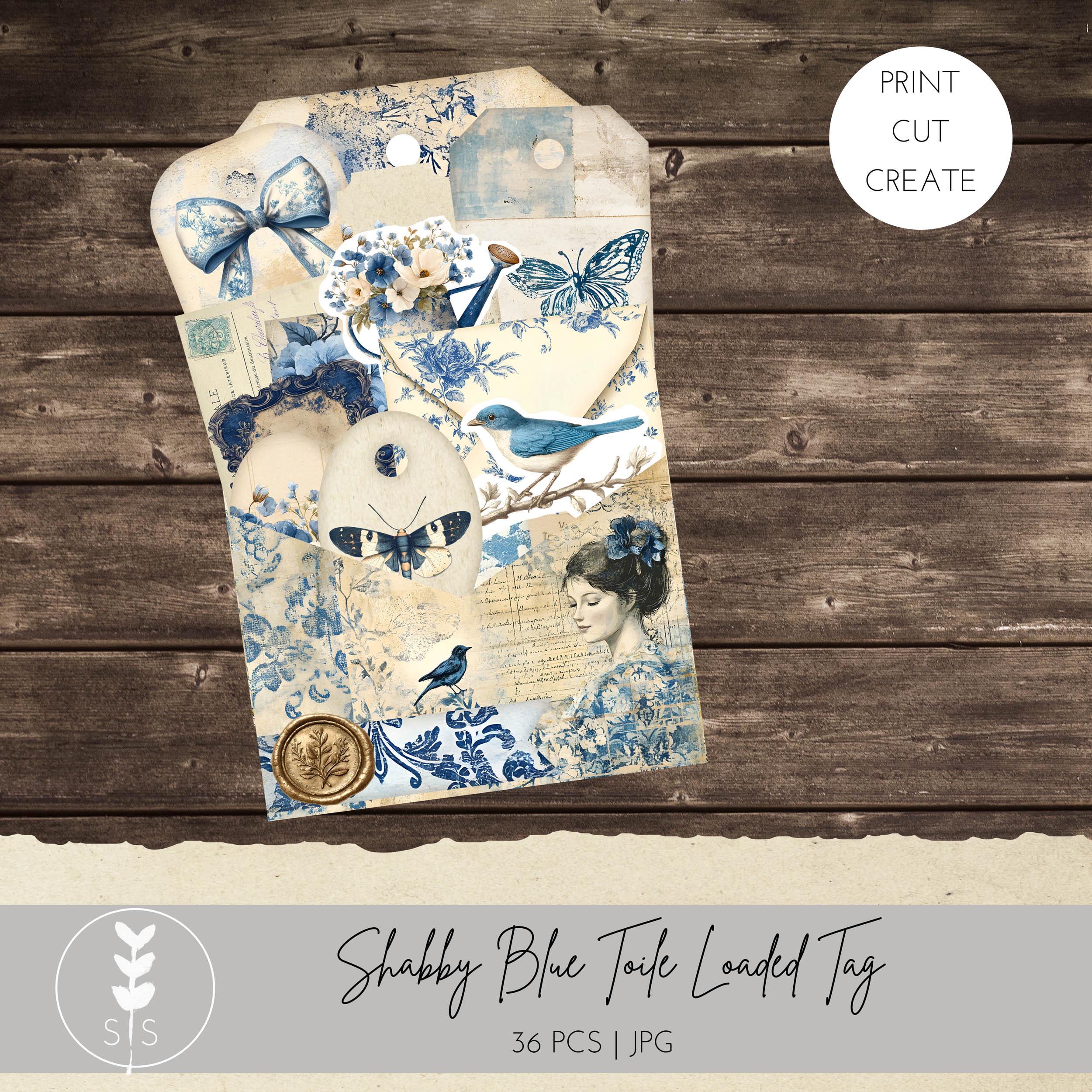 Shabby Blue Toile Loaded Tag Junk Journal Ephemera (digital Download ...