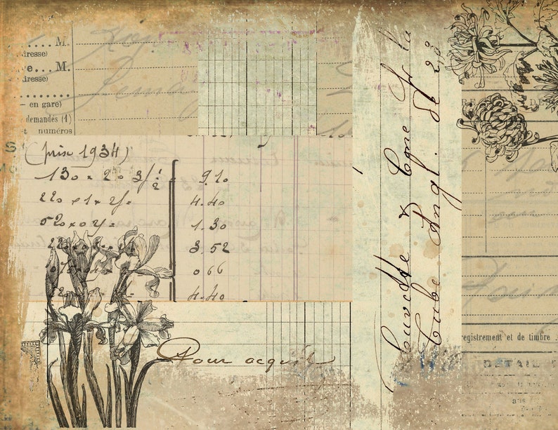 May include: A vintage, aged paper background with handwritten text and floral illustrations. The text includes numbers, dates, and French words. The flowers are black and white and appear to be chrysanthemums and irises.