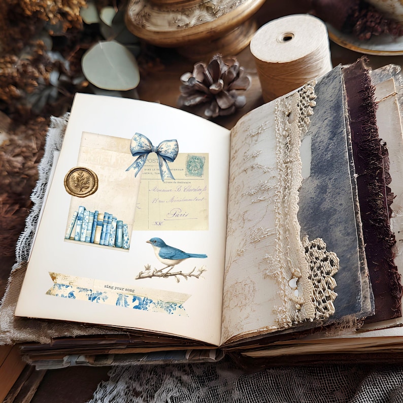 Shabby Blue Toile Loaded Tag Junk Journal Ephemera (digital Download ...