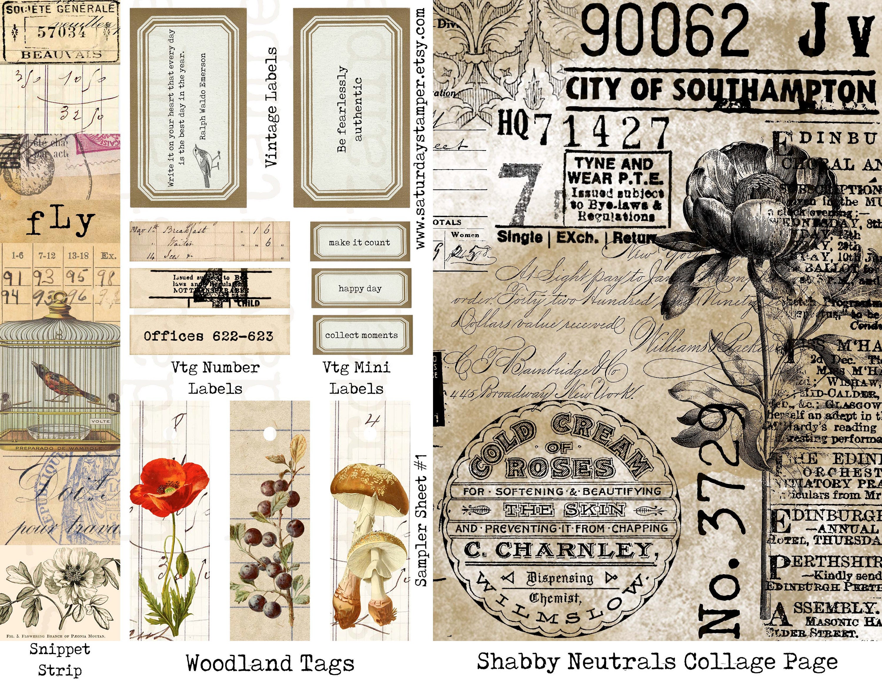 Ephemera Sampler, Digital Printable, Vintage Ephemera, Labels, Tickets,  Grungy Number Labels, Mini Labels, Collage Paper, Junk Journals 