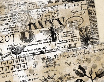 Vintage collagepapper, shabby neutralspapper, utskrivbart vintagepapper, vintage efemera, digital nedladdning, skräpjournal, collagesidor