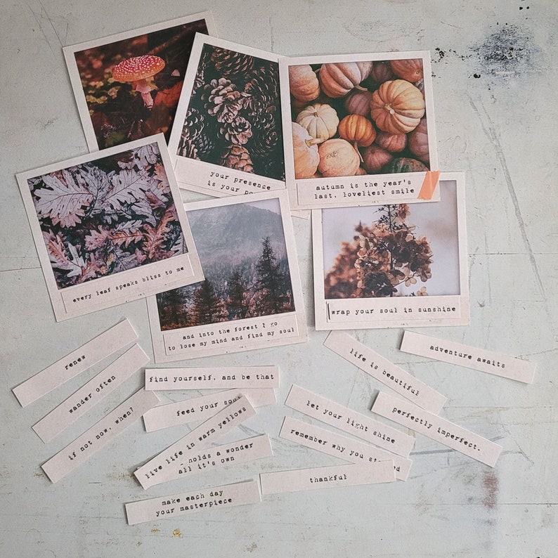 May include: A collection of printable cards with inspirational quotes about autumn, nature, and self-discovery. The cards feature images of fall leaves, pine cones, pumpkins, and a mushroom.