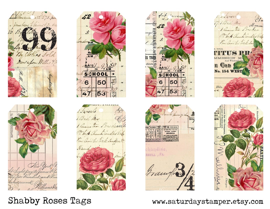 Shabby Roses Tags, Digital Printable, Instant Download, Vintage Tags ...