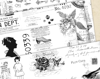 Bläcksparande collagepapper, skräpjournalsidor, direktnedladdning, utskrivbara collagesidor, skräpjournals-ephemera, papperspyssel