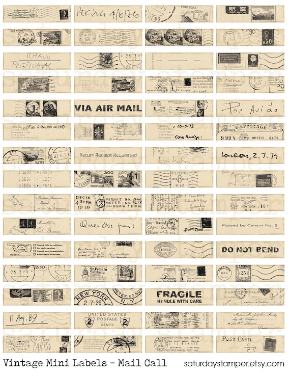 Vintage Mail Labels, Digital Printable, Vintage Ephemera, Labels, Tickets, Grungy Postal Labels, Mini Labels, Junk Journal Ephemera,