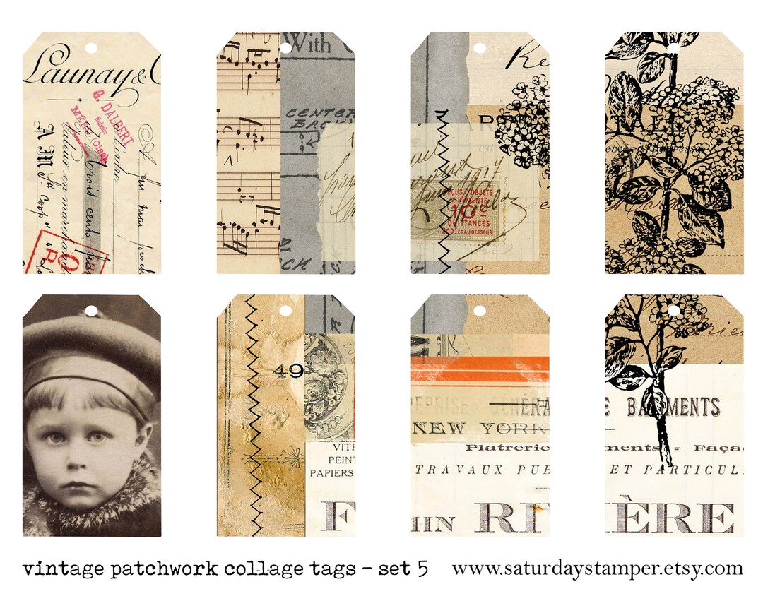 Vintage Collage Tags, Set 5, Patchwork Collage Tags, Ephemera Scrap ...