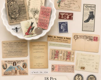 Vintage Ephemera Fussy Cuts, Digital Printable, Tickets, Vintage Receipts, Junk Journal Ephemera, Instant Download