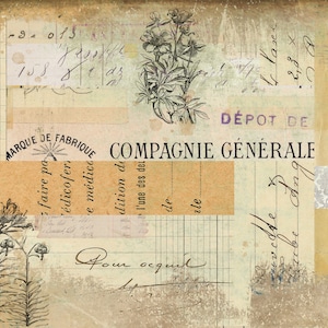 May include: A vintage-style image with a faded background and handwritten text. The text includes the words "MARQUE DE FABRIQUE" and "COMPAGNIE GENERALE". The image also features a floral design with delicate flowers and leaves.