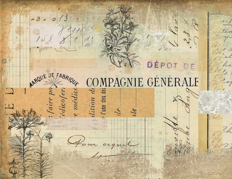 May include: A vintage-style image with a faded background and handwritten text. The text includes the words "MARQUE DE FABRIQUE" and "COMPAGNIE GENERALE". The image also features a floral design with delicate flowers and leaves.