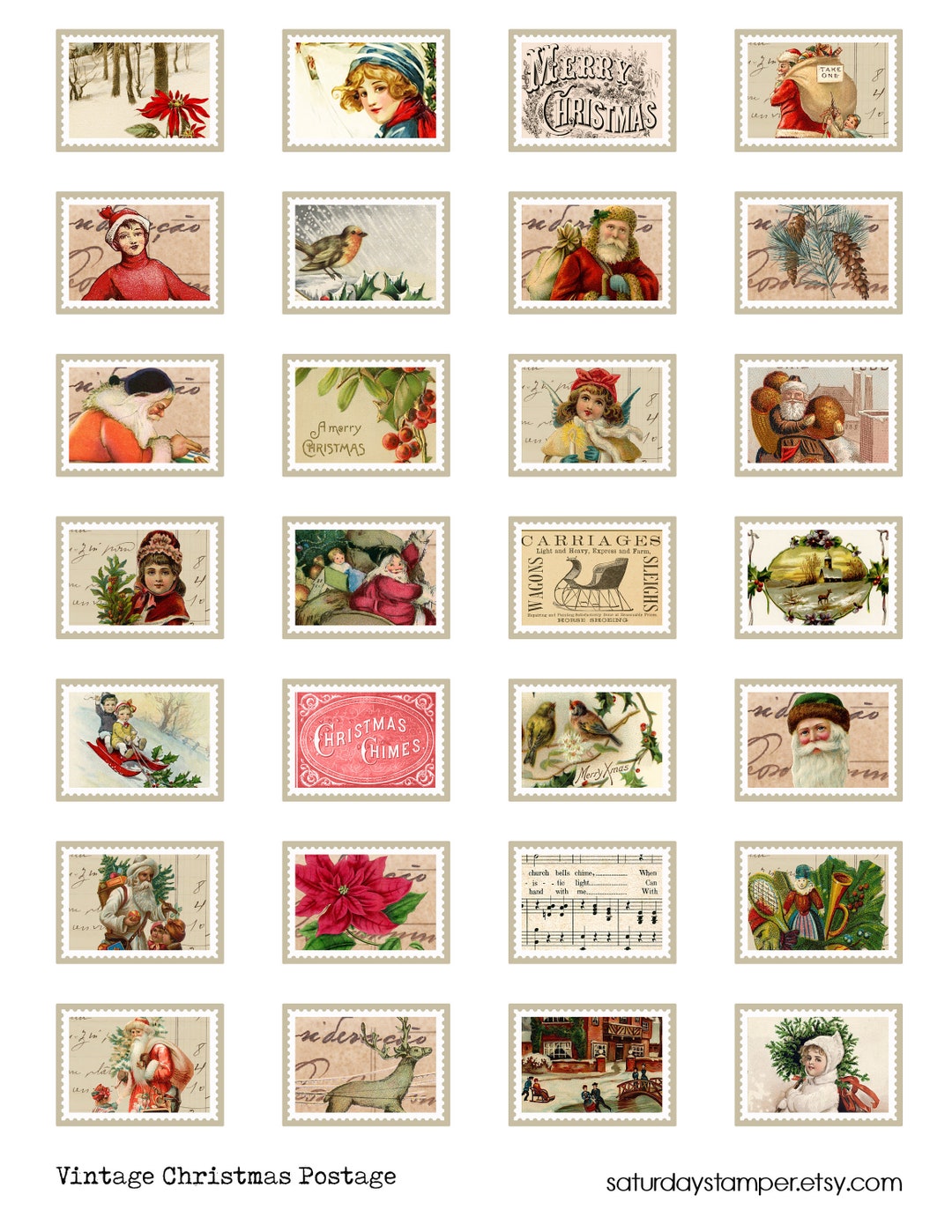 Faux Postage Stamps, Christmas Stamps, Digital Printable, Vintage