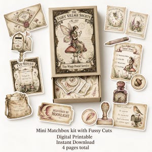 May include: A collection of vintage-style paper ephemera featuring fairy-themed illustrations, including a matchbox container, postage stamps, envelopes, a mail bag, a pencil, a rubber stamp, and cards with text like The Fairy Village Society.