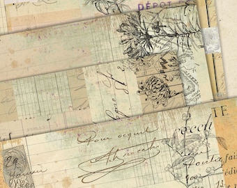 Smutsigt kollagepapper med blommigt tryck, Ledger-papper, digital nedladdning, utskrivbara papper, skräpjournal-ephemera, digitala papper, kollagepapper