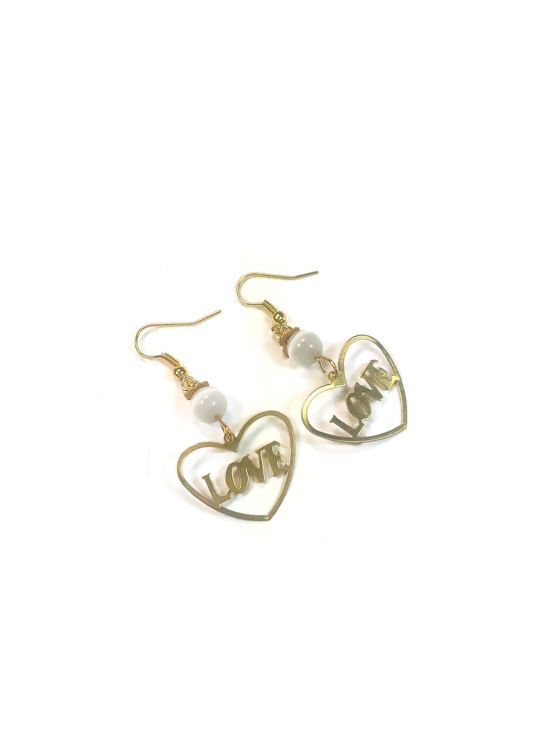 Heart love earrings cooper and brass earrings gold tone earrings plain or wbead cat eye simulated