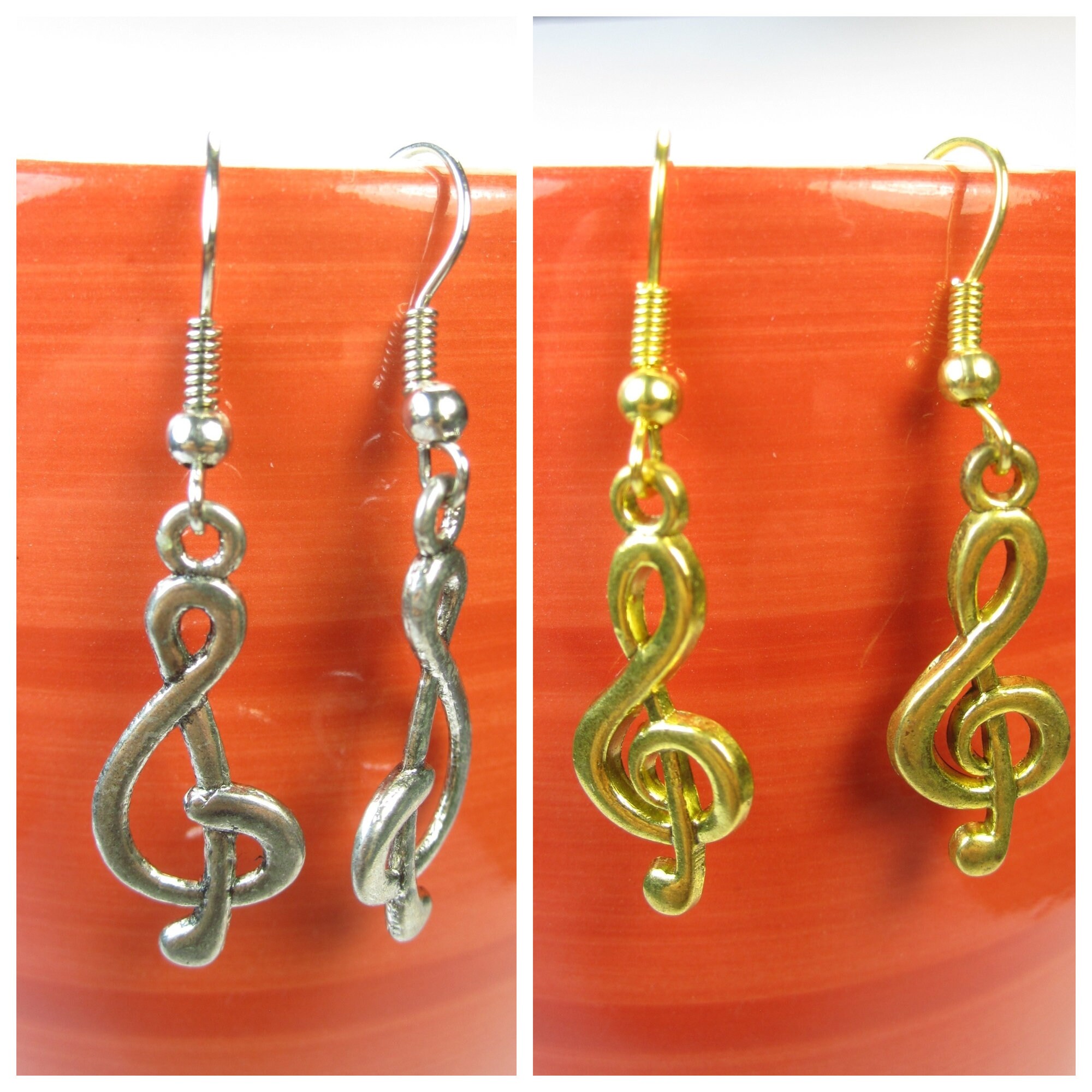 Music note dangle earrings gold or silver treble clef Etsy