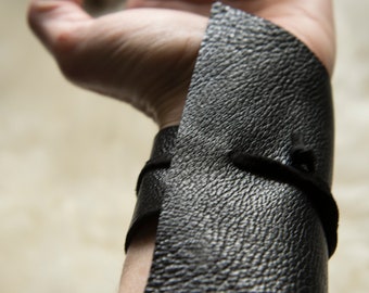 Wide Black Leather Geometric Cuff, Adjustable, Sm/Med