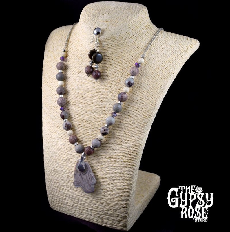 Faceted Cut Beads Mexican Lace Agate Beaded Necklace with Pendant and Earrings