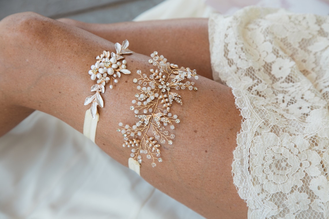 Gold Crystal floral beaded leaves wedding garter Ivory Gold image 1