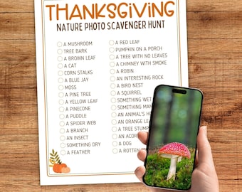 Thanksgiving Photo Scavenger Hunt, Fall Group Game for Kids Teens & Families, Printable Nature Activity, Friendsgiving Party Game PDF