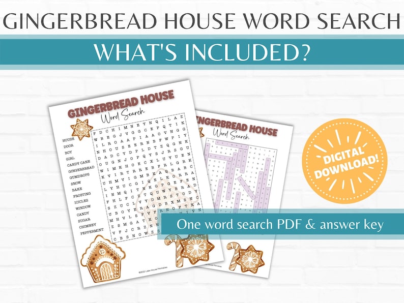 Gingerbread House Word Search Printable, Family Word Game, Holiday
