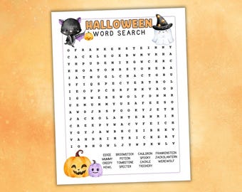 Halloween Word Search Game, Halloween Printable Word Find, Fun Party Game for Kids, Spooky Cute Halloween Word Game