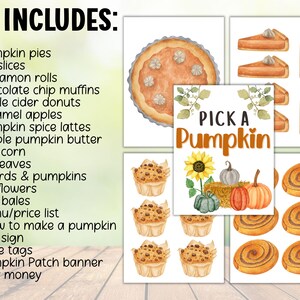 May include: A collection of watercolor illustrations featuring fall-themed food and decorations. Includes pumpkin pies, pie slices, cinnamon rolls, muffins, and a sign that says "Pick a Pumpkin".
