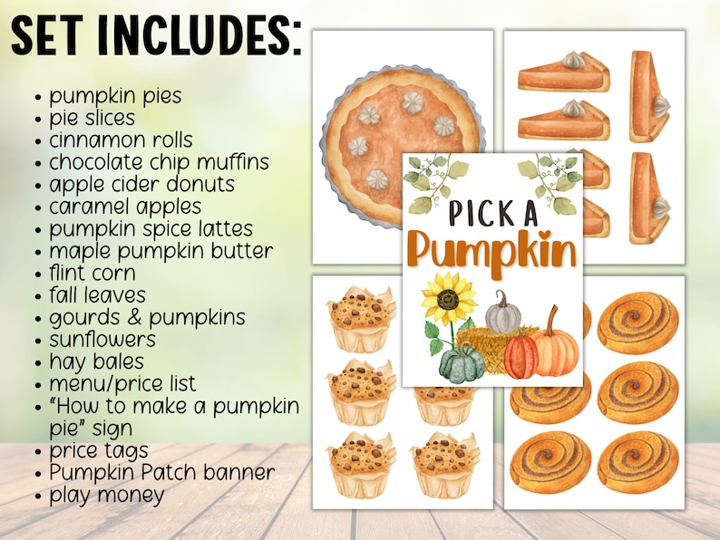 May include: A collection of watercolor illustrations featuring fall-themed food and decorations. Includes pumpkin pies, pie slices, cinnamon rolls, muffins, and a sign that says "Pick a Pumpkin".