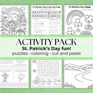 May include: An activity pack for St. Patrick's Day with puzzles, coloring pages, and cut-and-paste activities. The pack includes images of a leprechaun, rainbow, shamrocks, and a pot of gold. Text on the pack reads "St. Patrick's Day fun!"