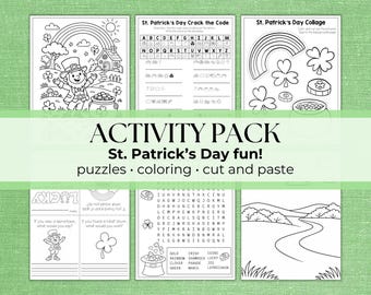 St. Patrick's Day Activity Kids Activity Pack, Cut and Glue Printable Collage, Word Search, Crack the Code, Mini Book, Holiday Worksheets