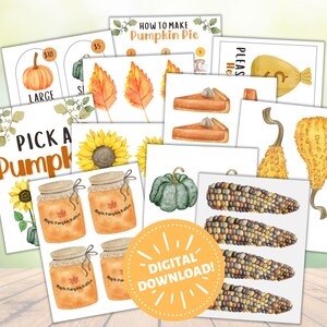 May include: A collection of watercolor illustrations featuring pumpkins, sunflowers, corn, and fall leaves. The images include a pumpkin pie recipe, pumpkin butter jars, and a digital download badge. The color palette includes orange, yellow, and green.