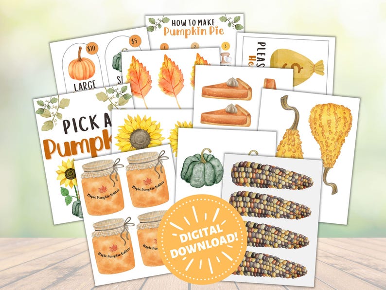 May include: A collection of watercolor illustrations featuring pumpkins, sunflowers, corn, and fall leaves. The images include a pumpkin pie recipe, pumpkin butter jars, and a digital download badge. The color palette includes orange, yellow, and green.