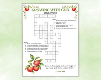 Bible Crossword Puzzle Printable, Bible Study Games for Kids, Growing with God Homeschool Activity,  Sunday School Game,  2 Peter 3:18