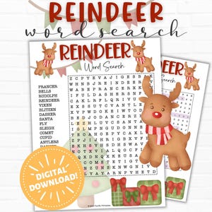 Reindeer Word Search, Printable Christmas Party Game, Winter Word Find for Kids Teens and Adults, Digital Printable Instant Download