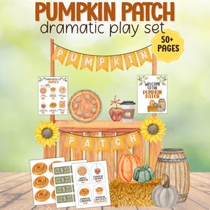 Op de afbeelding: Een aquarel illustratie van een pumpkin patch dramatische speelset. De set bevat een houten stand met een banner met de tekst "Pumpkin Patch". Er zijn zonnebloemen, pompoenen en borden met de tekst "Pumpkin Patch Prices" en "Welcome to the Pumpkin Patch".