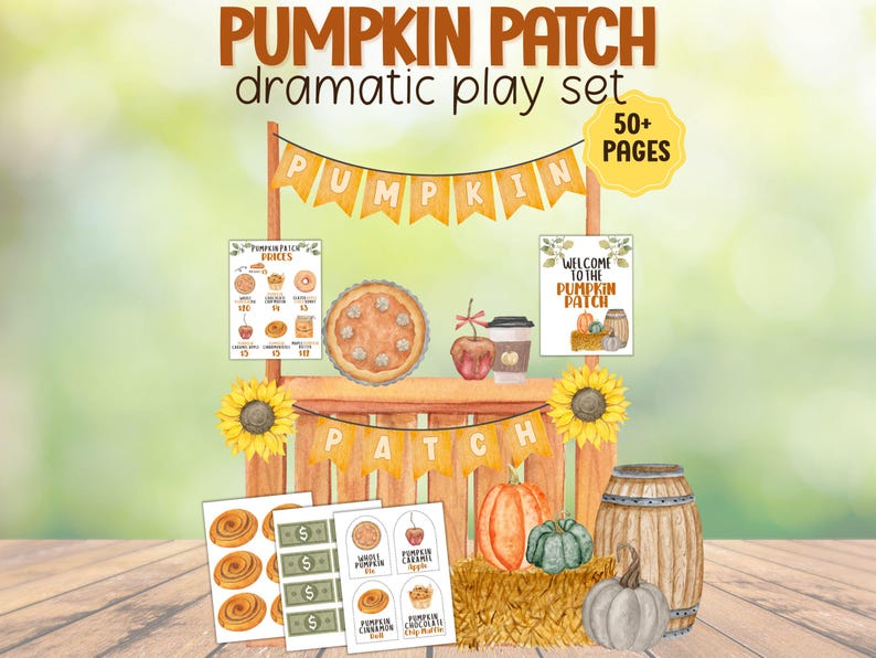 May include: A watercolor illustration of a pumpkin patch dramatic play set. The set includes a wooden stand with a banner that says "Pumpkin Patch". There are sunflowers, pumpkins, and signs with the text "Pumpkin Patch Prices" and "Welcome to the Pumpkin Patch".