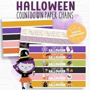 May include: A colorful Halloween-themed paper chain set. The design includes strips with countdown days, Halloween icons, and the text "HALLOWEEN COUNTDOWN PAPER CHAINS". A digital download sticker is also present.