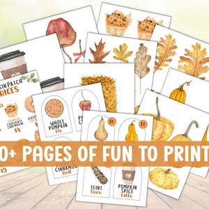 May include: A collection of watercolor illustrations featuring fall-themed elements. The images include pumpkins, leaves, baked goods, and coffee cups. Text on the cards reads "Pumpkin Patch Prices" and "50+ Pages of Fun to Print."
