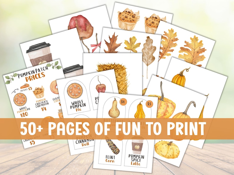 May include: A collection of watercolor illustrations featuring fall-themed elements. The images include pumpkins, leaves, baked goods, and coffee cups. Text on the cards reads "Pumpkin Patch Prices" and "50+ Pages of Fun to Print."