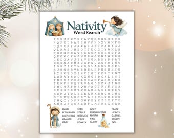 Nativity Word Search, Christmas Word Game, Advent Printable Sunday School Activity, Birth of Jesus Puzzle, Christian Homeschool Worksheet