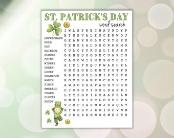 St. Patrick's Day Word Search, Easy Printable Word Find, March Classroom Worksheet, Kids Holiday Brain Game, Puzzle Party Activity