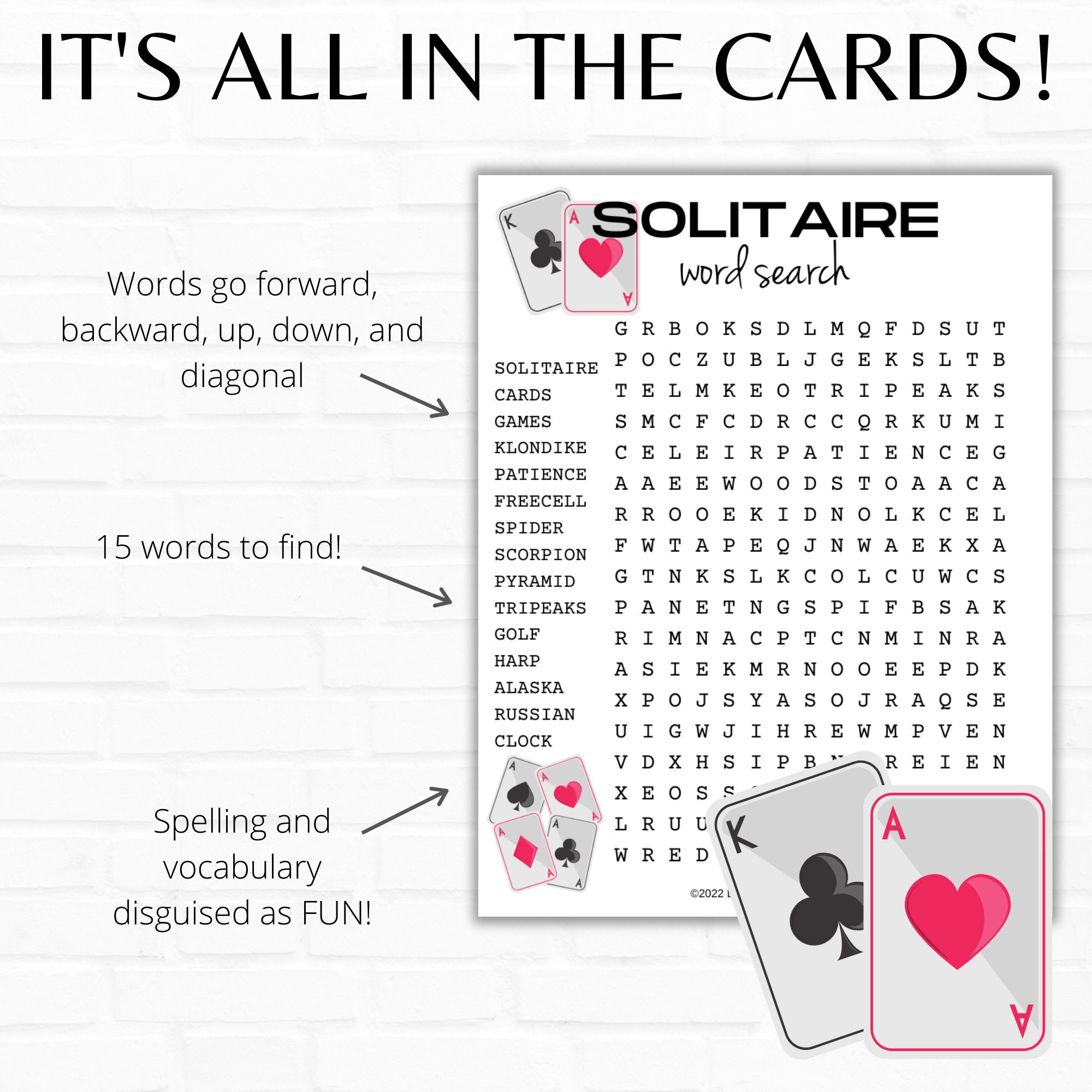 Solitaire Card Games Word Search, Printable Search a Word for Kids Etsy
