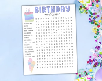 Birthday Word Search Printable, Word Find for Kids Adults Seniors, Birthday Party Game, Cake Ice Cream Search A Word, Digital Download