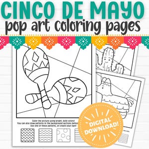 Páginas para colorear imprimibles del Cinco de Mayo: Fiesta Pop Art para niños y adultos / Taco, Sombrero, Piñata PDF