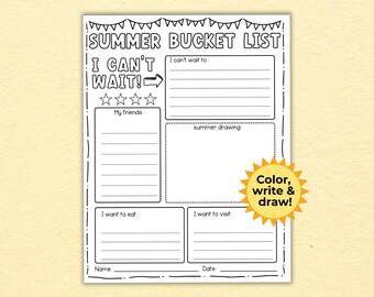 Summer Bucket List Printable Coloring Page, Kids Activity Sheet and Goal Planner, Easy Family Memory Tracker, Drawing And Writing Prompts