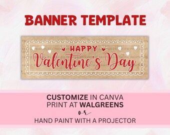 Happy Valentine's Day Banner, Editable Canva Template, 2' x 6' Valentine Banner to Print or Project and Paint, Brown Paper Banner Style