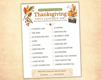 Nature Photo Scavenger Hunt, Thanksgiving Game, Fall Phone Scavenger Hunt for Kids, Tweens & Teens, Fall Printable Game, Outdoor Learning