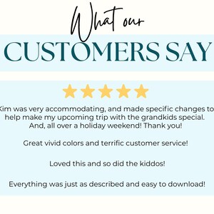 May include: A graphic with the text "What our CUSTOMERS SAY" in teal and black. Below, customer reviews are displayed with five gold stars, praising vivid colors, customer service, and ease of download.