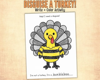 Disguise a Turkey Printable Activity, Turkey Disguise Project, Thanksgiving Writing Activity, Kids Coloring Page, November Bulletin Board